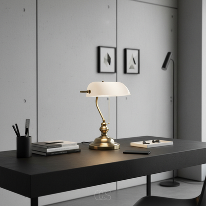 Classic Banker Desk Lamp with White Glass Shade & Antique Brass Base for Home Office Reading