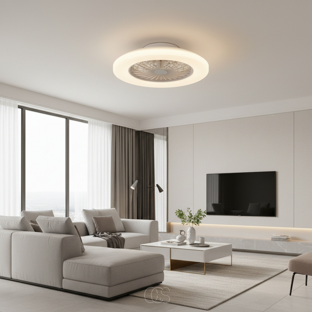 18-inch LED Ceiling Fan with Dimmable Ring Light & Remote – Ultra-Quiet DC Motor, Reversible Blades, 2400 Lumens – Modern White