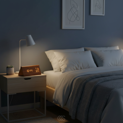 Digital Wooden Alarm Clock with Temperature & Humidity Display — 7-Level Dimming LED, Sound-Activated Screen, USB Charging Ports — Bedroom