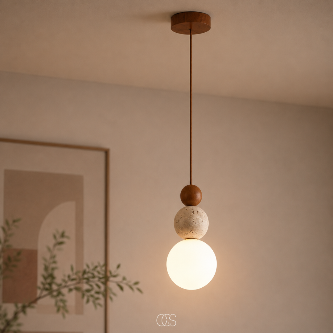 Glass Globe Pendant Light with Travertine & Wood Accents | Modern Wabi-Sabi Hanging Fixture for Dining Room, Bedroom & Kitchen | Warm