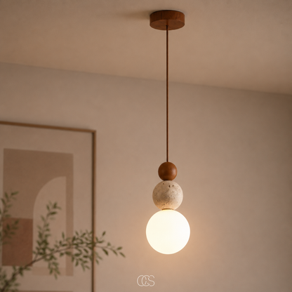 Glass Globe Pendant Light with Travertine & Wood Accents | Modern Wabi-Sabi Hanging Fixture for Dining Room, Bedroom & Kitchen | Warm