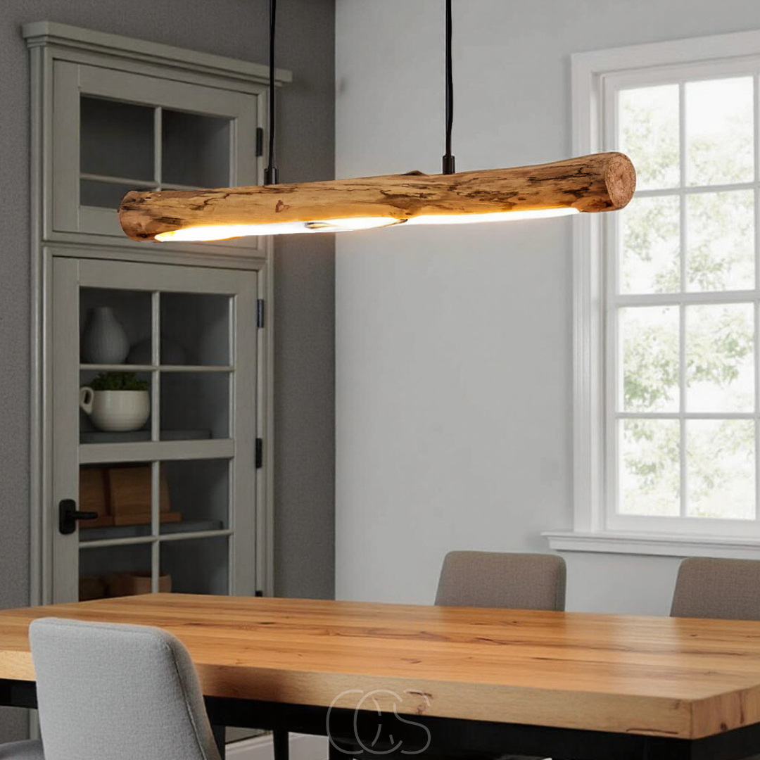Linear Wood Beam Suspended Light Fixture 31 Inch Natural Finish Dimmable LED Bar Over Island Dining Room Kitchen Adjustable Drop Height Rust