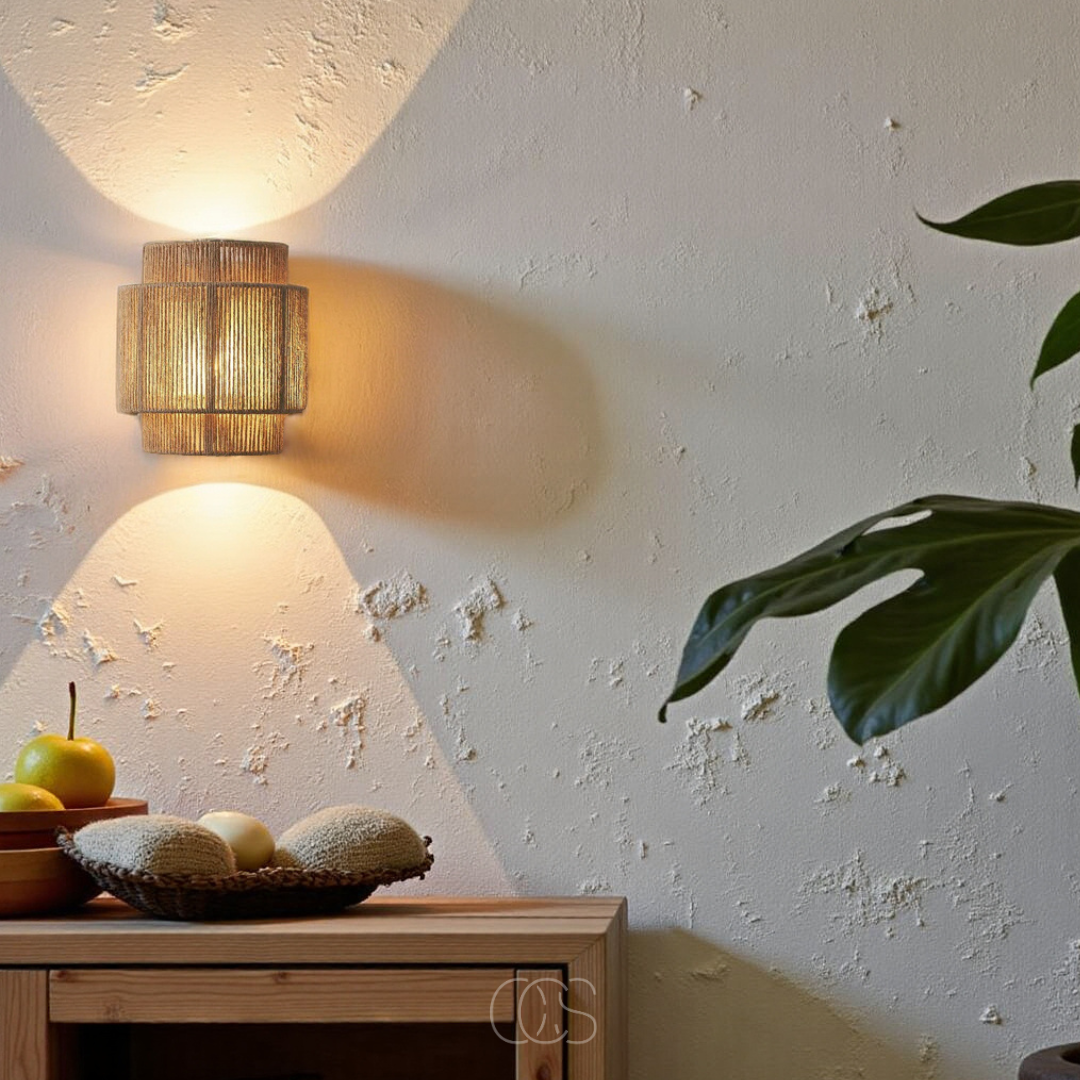 Aplique de pared de ratán tejido a mano con pantalla de fibra natural para dormitorio, sala de estar, pasillo, decoración bohemia, de granja, escandinava y Japandi, luz cálida