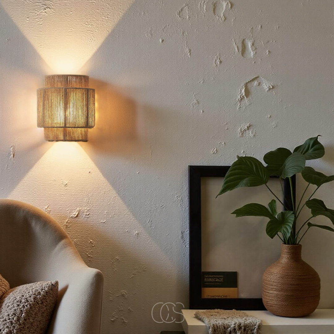 Aplique de pared de ratán tejido a mano con pantalla de fibra natural para dormitorio, sala de estar, pasillo, decoración bohemia, de granja, escandinava y Japandi, luz cálida