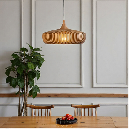 Wooden Pendant Light Fixture for Dining Room with Warm Glow – Scandinavian Minimalist Hanging Ceiling Lamp