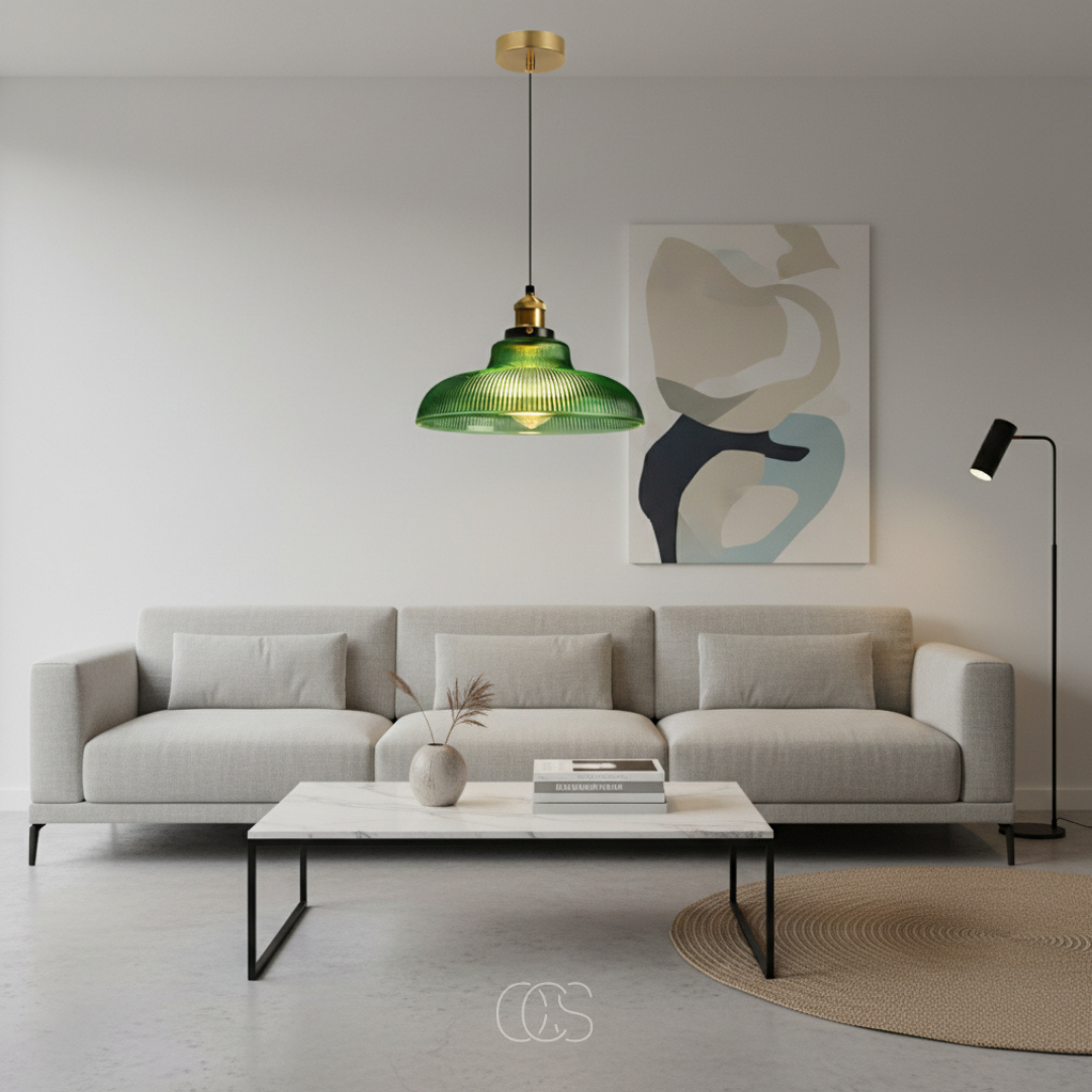 Glass Pendant Light with Metal Frame – Green or Clear Shade for Dining Room, Kitchen Island & Living Room – Adjustable Cord Ceiling