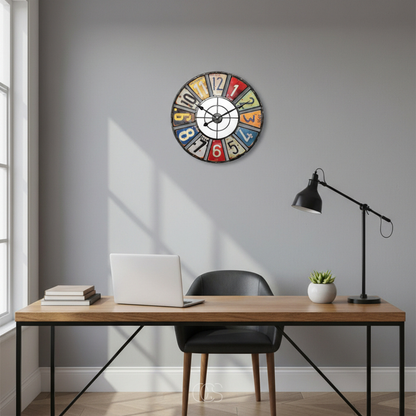 Vintage Industrial Wall Clock with Colorful Number Plates – 24 Inch Retro Metal Clock for Indoor & Outdoor – Silent Quartz Movement