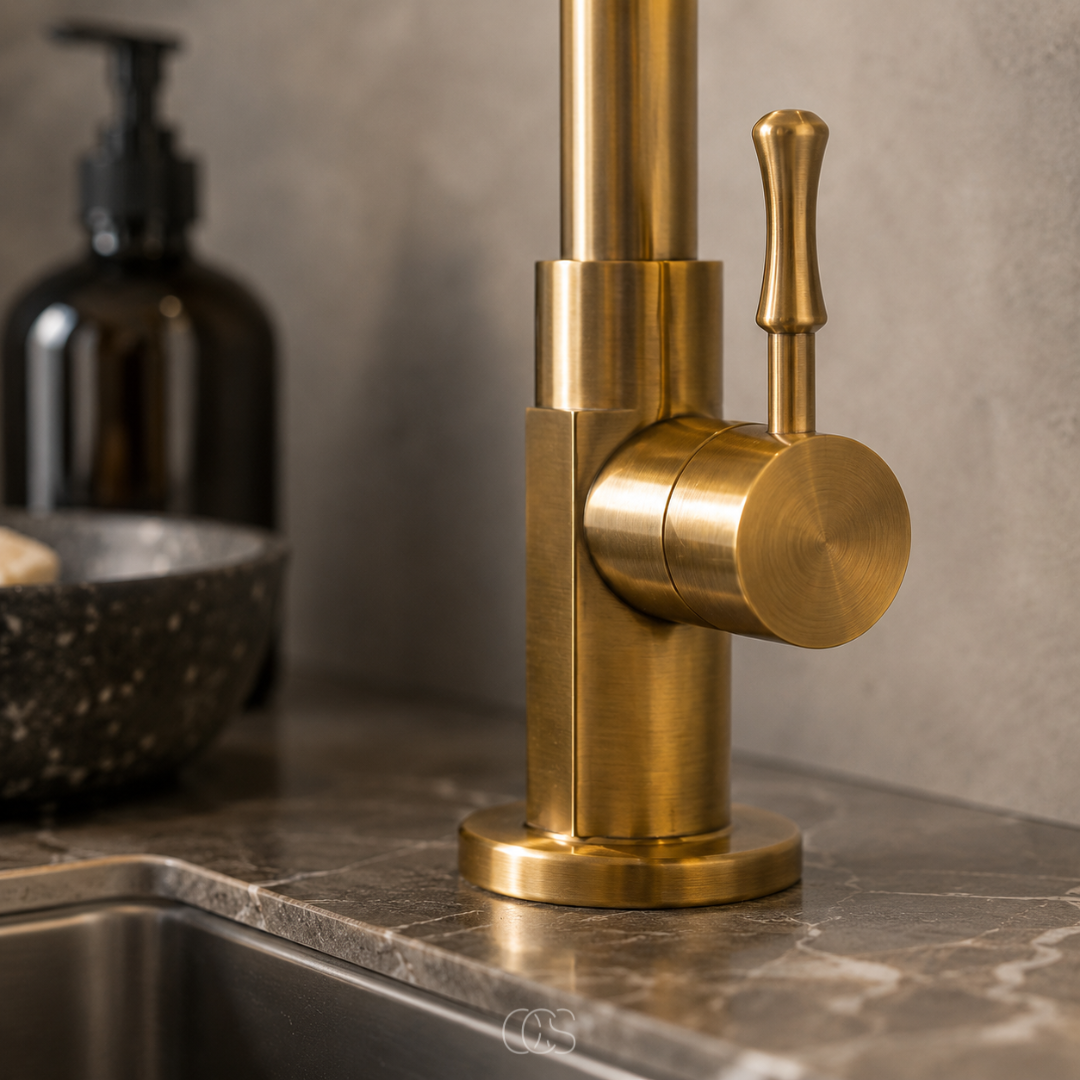 Antique Brass Kitchen Faucet with High Swivel Spout – Single Handle Vintage Sink Mixer Tap for Farmhouse & Classic Kitchens