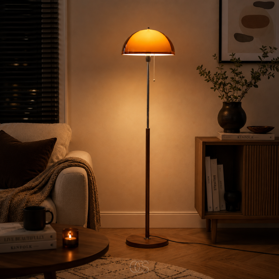 Lámpara de pie tipo hongo con cadena de tiro – Forma de domo retro con base de madera y vástago cromado para sala de estar y dormitorio