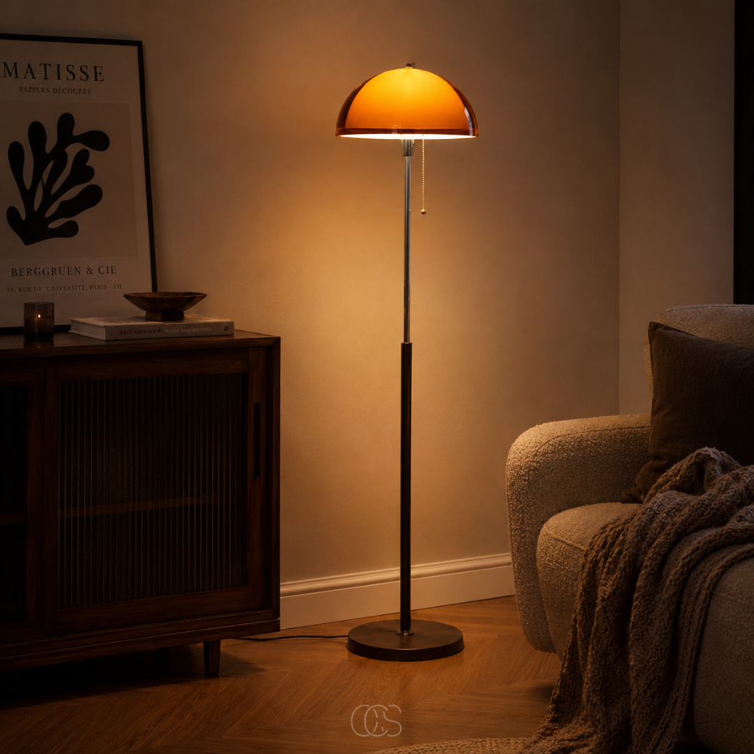 Lámpara de pie tipo hongo con cadena de tiro – Forma de domo retro con base de madera y vástago cromado para sala de estar y dormitorio