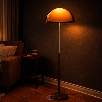 Lámpara de pie tipo hongo con cadena de tiro – Forma de domo retro con base de madera y vástago cromado para sala de estar y dormitorio