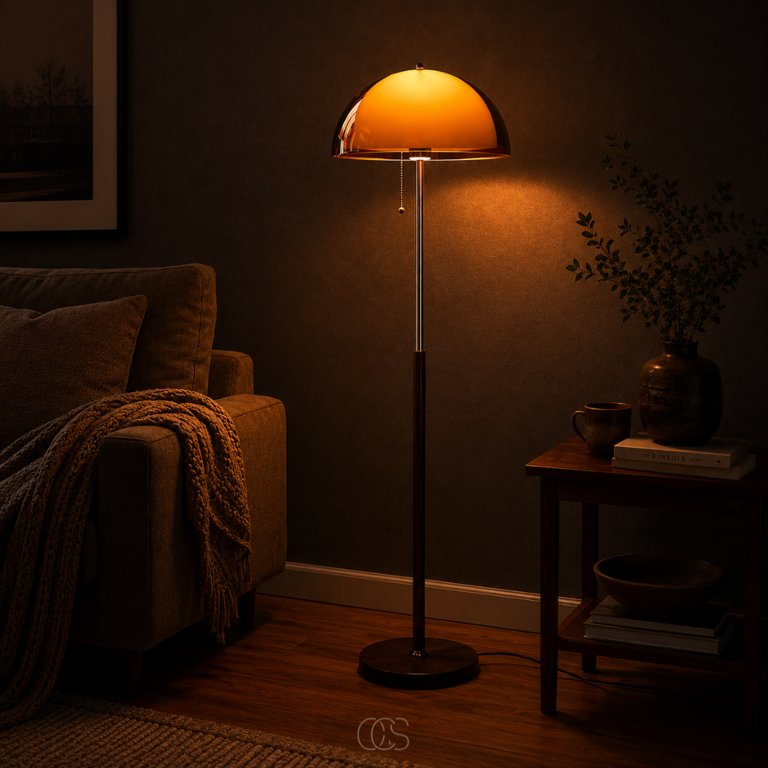 Lámpara de pie tipo hongo con cadena de tiro – Forma de domo retro con base de madera y vástago cromado para sala de estar y dormitorio