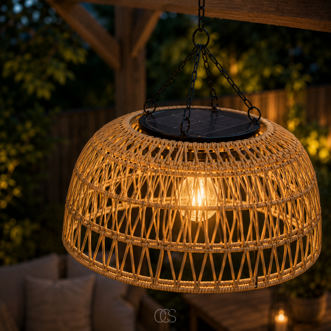 Woven Rattan Solar Pendant Light for Outdoor Patio & Garden – Wireless LED Hanging Lamp with Dusk Sensor