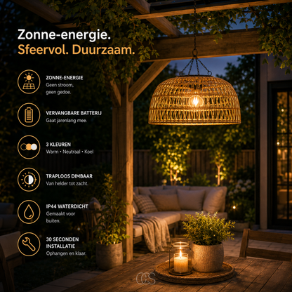 Woven Rattan Solar Pendant Light for Outdoor Patio & Garden – Wireless LED Hanging Lamp with Dusk Sensor