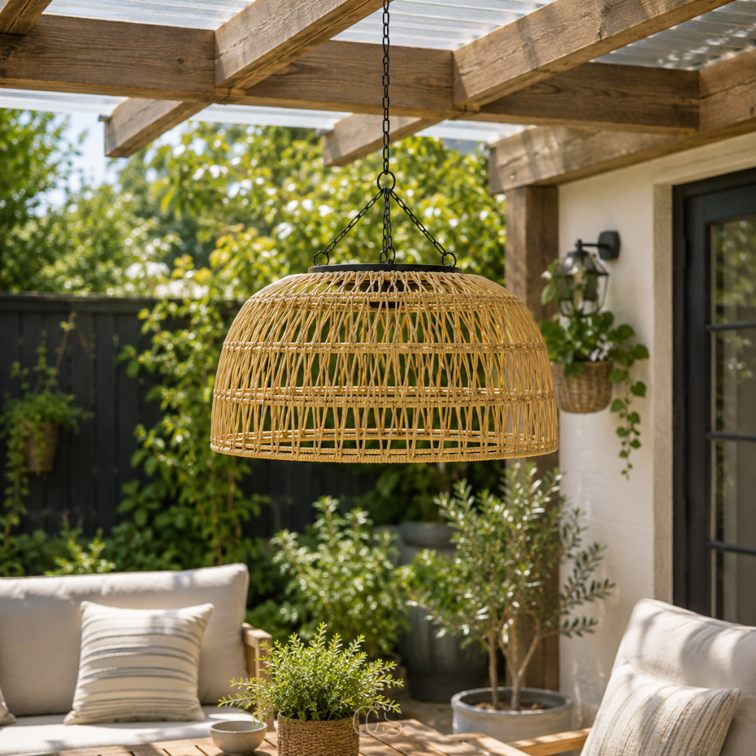 Woven Rattan Solar Pendant Light for Outdoor Patio & Garden – Wireless LED Hanging Lamp with Dusk Sensor