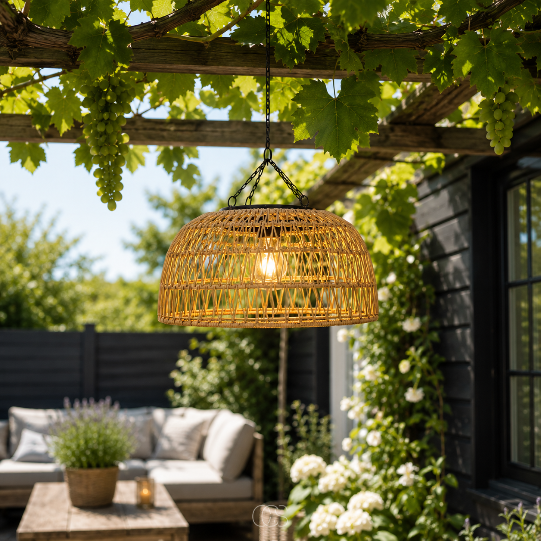 Woven Rattan Solar Pendant Light for Outdoor Patio & Garden – Wireless LED Hanging Lamp with Dusk Sensor