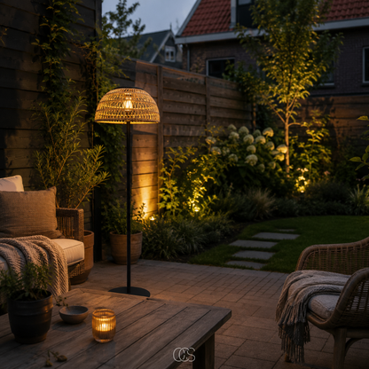 Solar Rattan Floor Lamp Cordless Rechargeable LED Outdoor Indoor Patio Deck Light Portable Woven Natural Fiber Wireless Ambient Lighting
