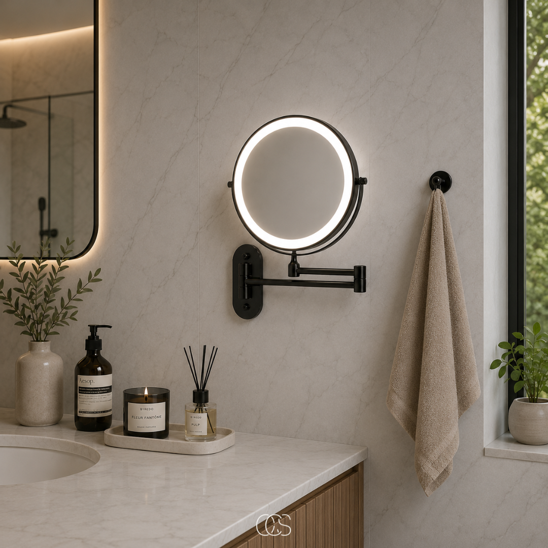 Rechargeable LED Lighted Vanity Mirror Wall Mount with Magnification & 360° Swivel Arm for Makeup Application & Skincare Routines