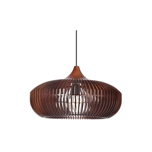 Lámpara de techo redonda de listones de madera natural de 17 pulgadas estilo Japandi, luz colgante ambiental para mesa de comedor, isla de cocina o sala de estar