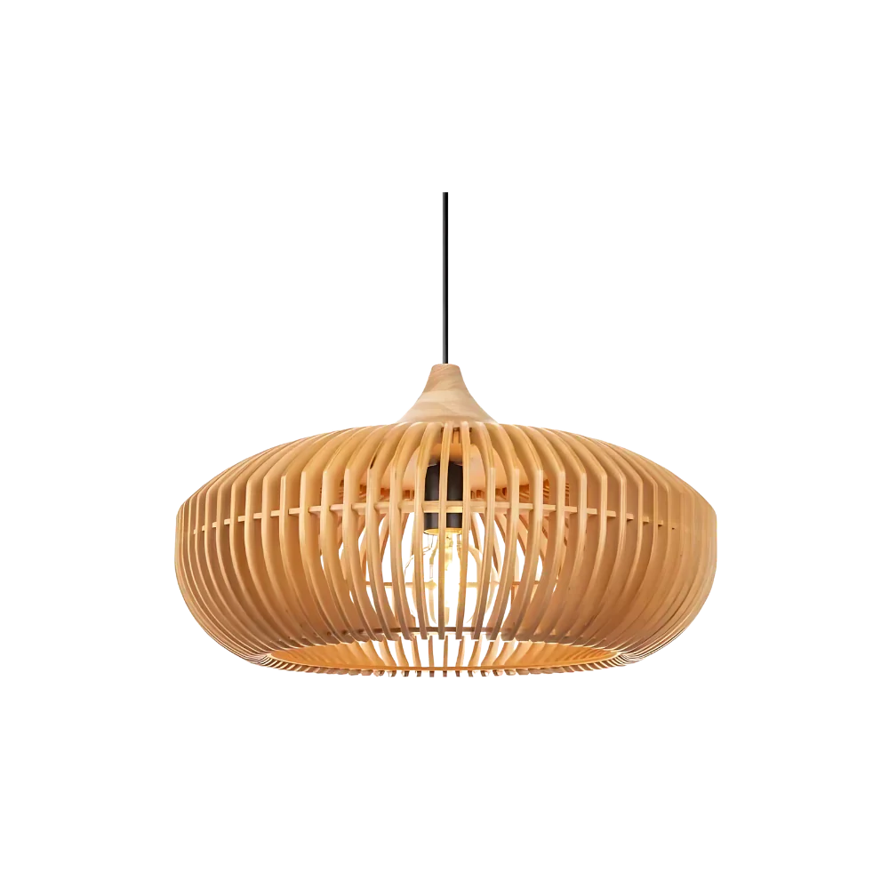 Lámpara de techo redonda de listones de madera natural de 17 pulgadas estilo Japandi, luz colgante ambiental para mesa de comedor, isla de cocina o sala de estar