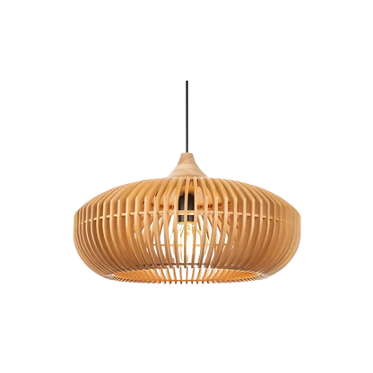 Lámpara de techo redonda de listones de madera natural de 17 pulgadas estilo Japandi, luz colgante ambiental para mesa de comedor, isla de cocina o sala de estar