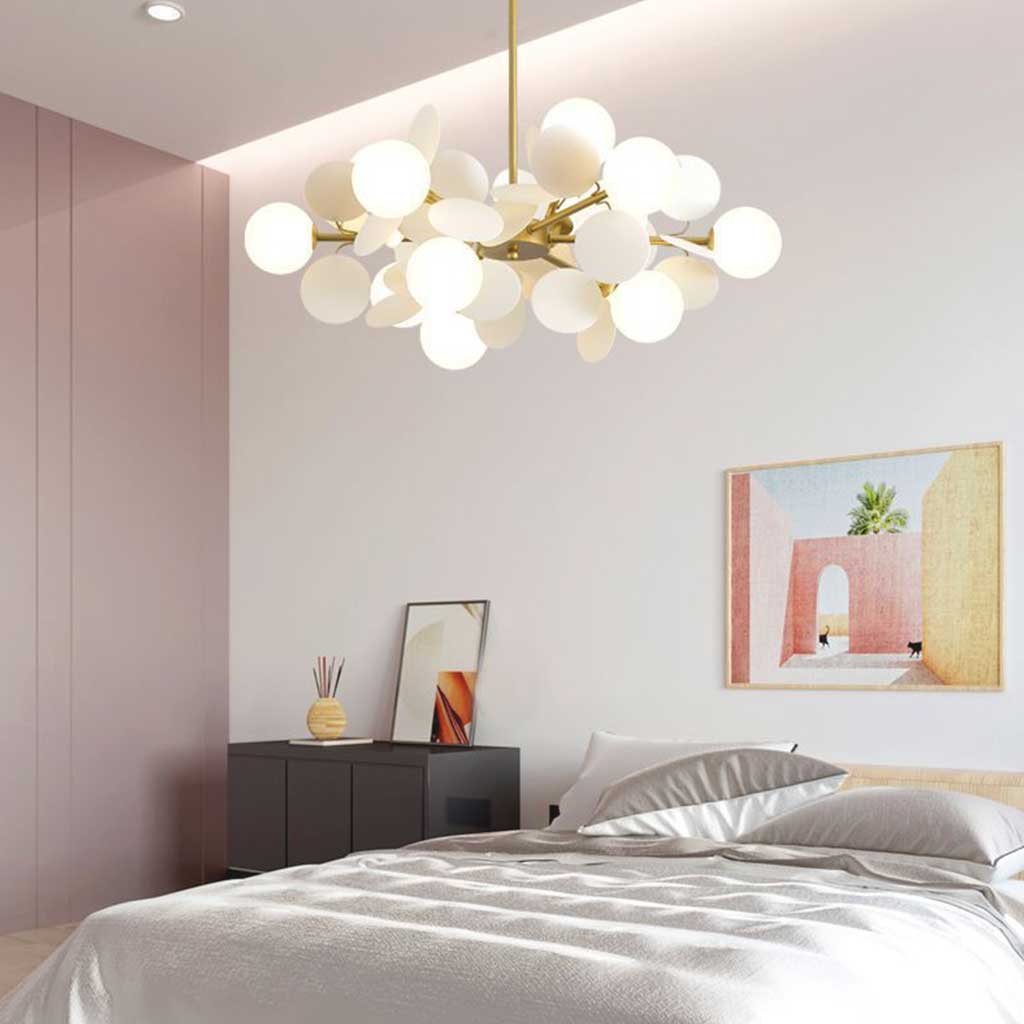 Sculptural Glass Globe Overhead Light with Branching Arms for Dining Room & Living Space — Dimmable LED Cluster Fixture in White, Green or M