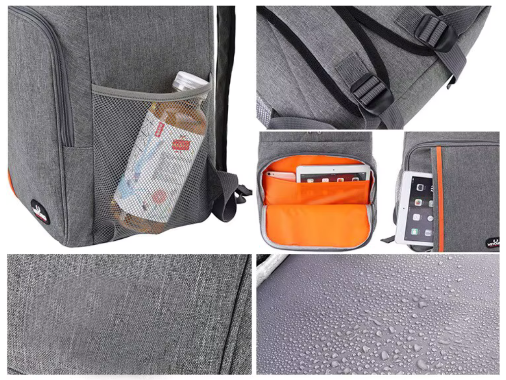 Insulated Backpack Cooler 30L Gray Leak-Proof Food Beverage Storage Padded Shoulder Straps Outdoor Hiking Fishing Camping Beach Picnic Day T