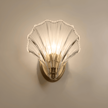 Fluted Glass Sconce with Brass Hardware 8 in Diameter Shell-Shaped Fixture E27 Socket for Bedrooms Hallways Living Rooms Push-Button Control