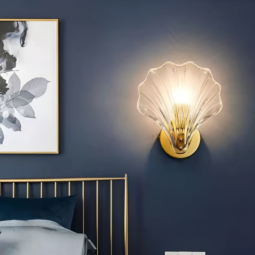 Fluted Glass Sconce with Brass Hardware 8 in Diameter Shell-Shaped Fixture E27 Socket for Bedrooms Hallways Living Rooms Push-Button Control