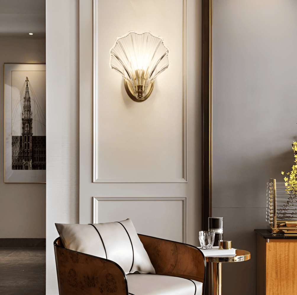 Fluted Glass Sconce with Brass Hardware 8 in Diameter Shell-Shaped Fixture E27 Socket for Bedrooms Hallways Living Rooms Push-Button Control