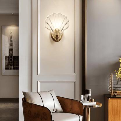 Fluted Glass Sconce with Brass Hardware 8 in Diameter Shell-Shaped Fixture E27 Socket for Bedrooms Hallways Living Rooms Push-Button Control