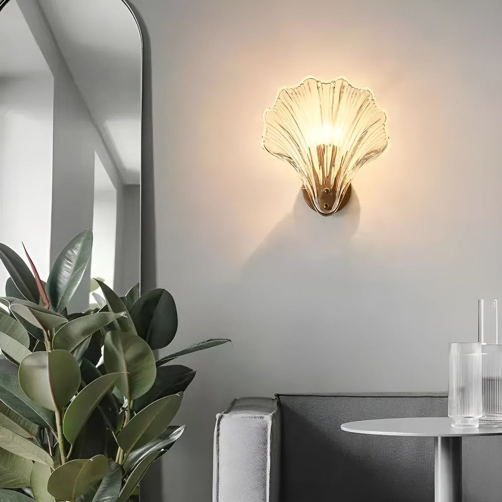 Fluted Glass Sconce with Brass Hardware 8 in Diameter Shell-Shaped Fixture E27 Socket for Bedrooms Hallways Living Rooms Push-Button Control