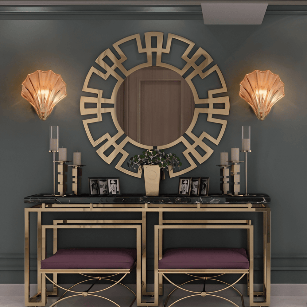 Fluted Glass Sconce with Brass Hardware 8 in Diameter Shell-Shaped Fixture E27 Socket for Bedrooms Hallways Living Rooms Push-Button Control