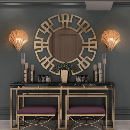Fluted Glass Sconce with Brass Hardware 8 in Diameter Shell-Shaped Fixture E27 Socket for Bedrooms Hallways Living Rooms Push-Button Control