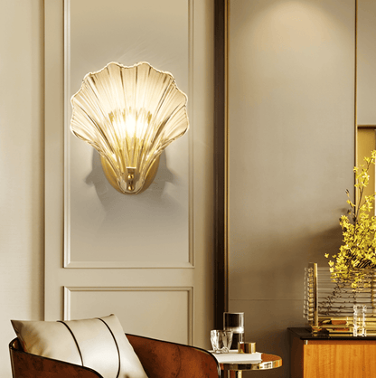 Fluted Glass Sconce with Brass Hardware 8 in Diameter Shell-Shaped Fixture E27 Socket for Bedrooms Hallways Living Rooms Push-Button Control