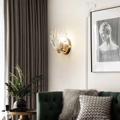 Fluted Glass Sconce with Brass Hardware 8 in Diameter Shell-Shaped Fixture E27 Socket for Bedrooms Hallways Living Rooms Push-Button Control
