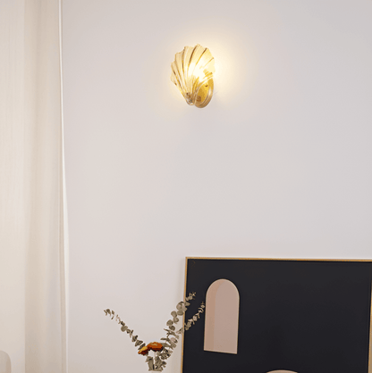 Fluted Glass Sconce with Brass Hardware 8 in Diameter Shell-Shaped Fixture E27 Socket for Bedrooms Hallways Living Rooms Push-Button Control