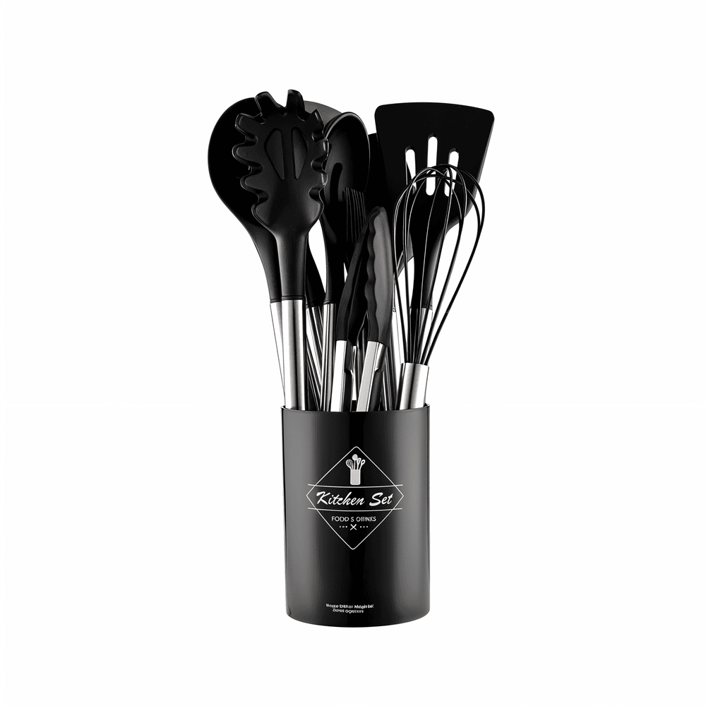 12-Piece Silicone Kitchen Utensil Set with Stainless Steel Handles & Holder for Cooking, Baking & Serving