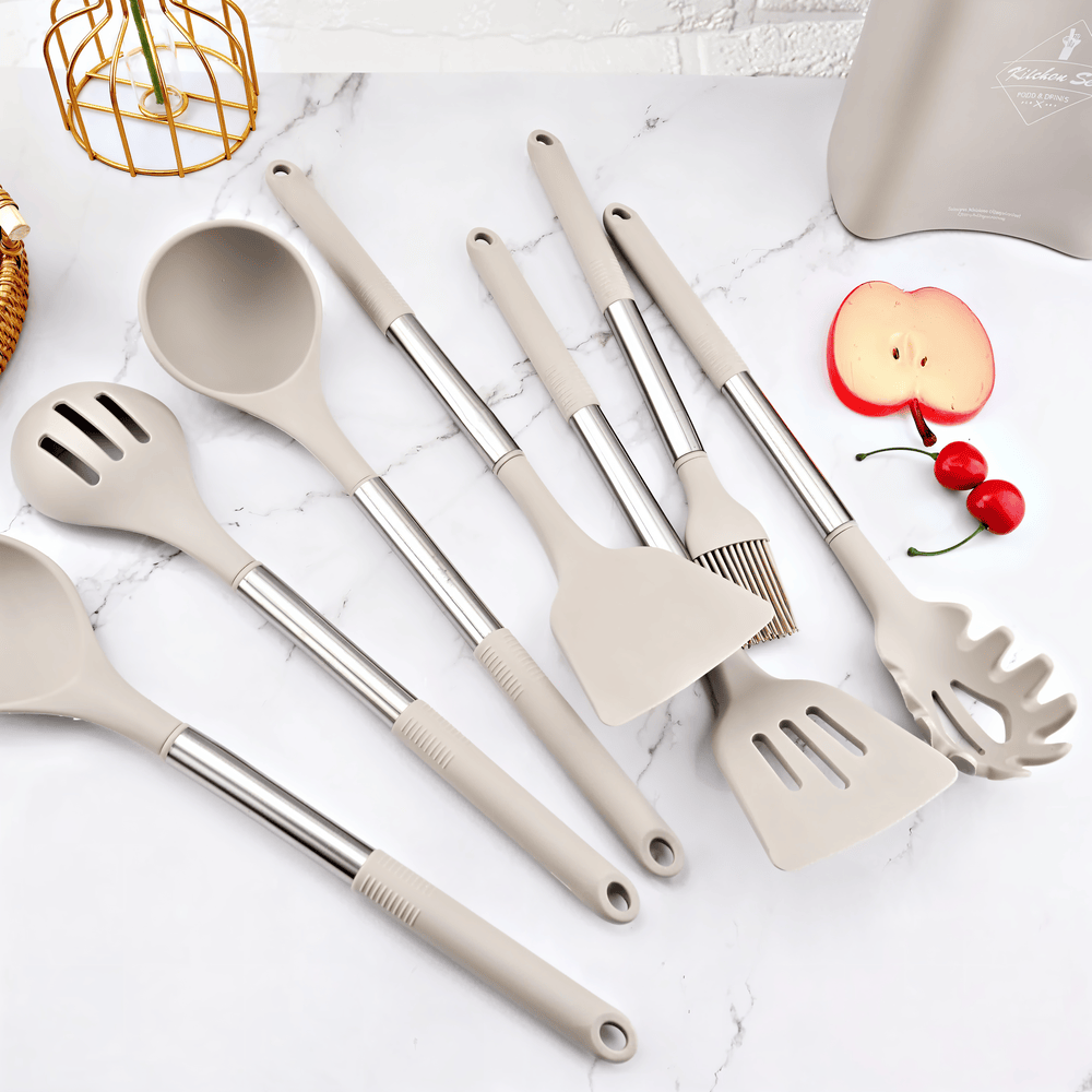 12-Piece Silicone Kitchen Utensil Set with Stainless Steel Handles & Holder for Cooking, Baking & Serving