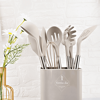 12-Piece Silicone Kitchen Utensil Set with Stainless Steel Handles & Holder for Cooking, Baking & Serving