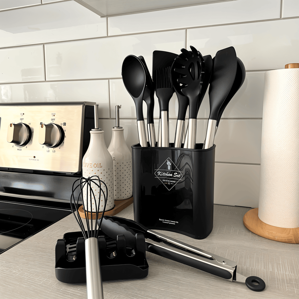 12-Piece Silicone Kitchen Utensil Set with Stainless Steel Handles & Holder for Cooking, Baking & Serving