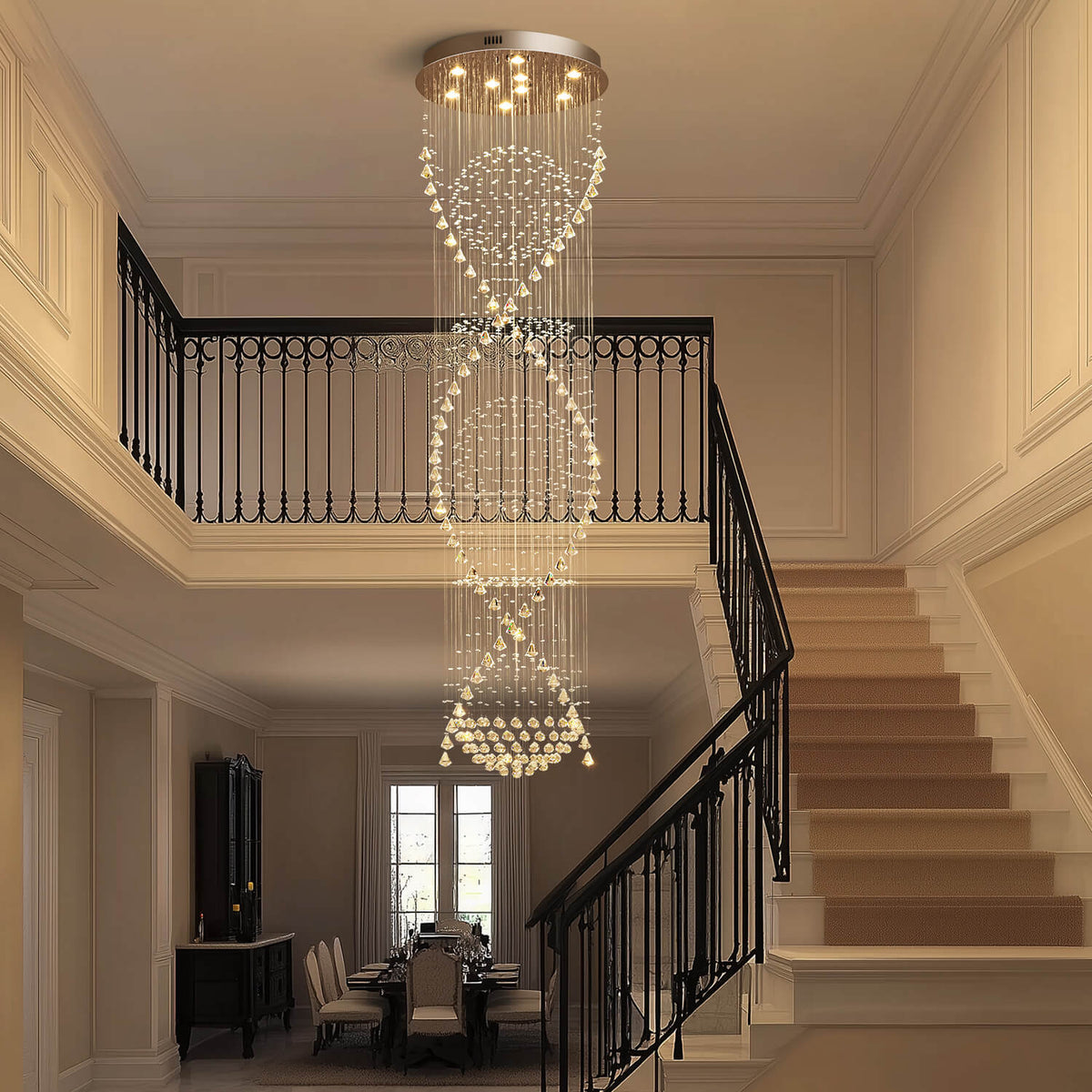 Spiral Crystal Chandelier with Cascading Pendant Drops – Adjustable Height Statement Lighting for Tall Ceilings, Entryways & Staircases