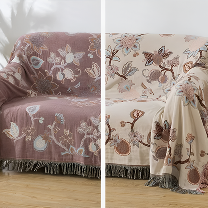 Orion Floral Bed Blanket - Cotton, Jacquard Design with Tassel Trim