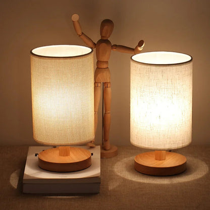 Dimmable LED Lamp with Remote, Wooden Lamp with Fabric Design, USB Lamp with Three Color Temperatures