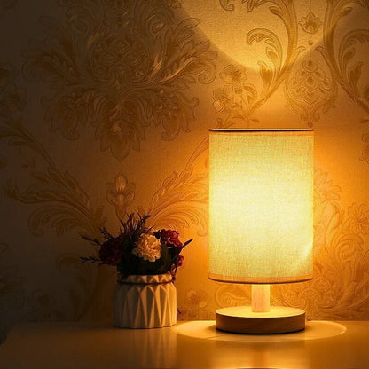 Dimmable LED Lamp with Remote, Wooden Lamp with Fabric Design, USB Lamp with Three Color Temperatures