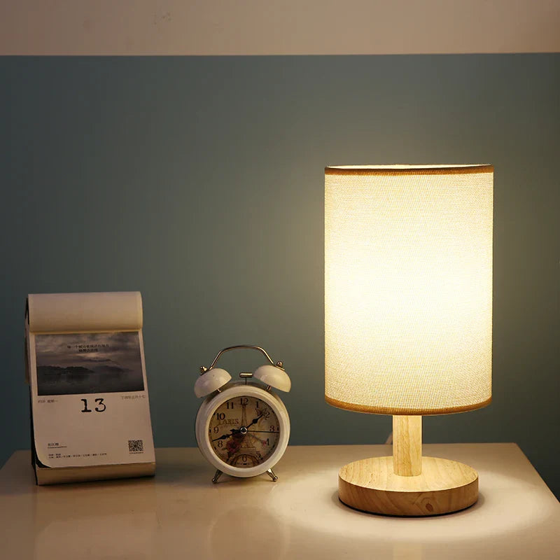 Dimmable LED Lamp with Remote, Wooden Lamp with Fabric Design, USB Lamp with Three Color Temperatures