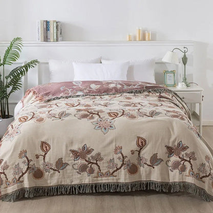 Orion Floral Bed Blanket - Cotton, Jacquard Design with Tassel Trim