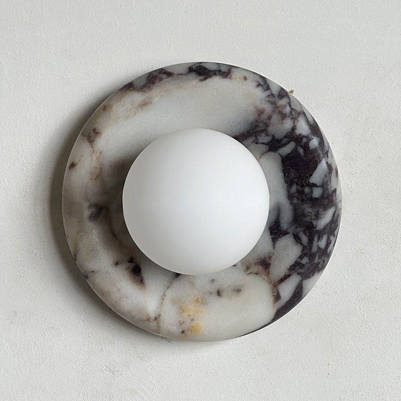 Round Glass Sconce with Natural Stone Backplate – 8-Inch Contemporary Fixture for Entryways, Bedrooms & Corridors