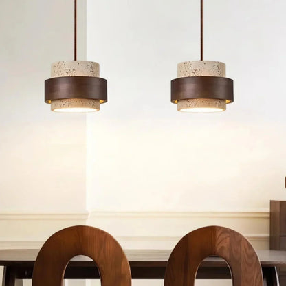 Natural Stone Hanging Fixture with Walnut Accent & Adjustable 59-Inch Cord for Dining Table, Kitchen Counter & Modern Living Spaces