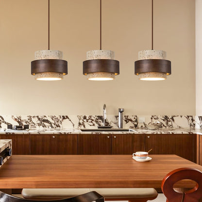 Natural Stone Hanging Fixture with Walnut Accent & Adjustable 59-Inch Cord for Dining Table, Kitchen Counter & Modern Living Spaces